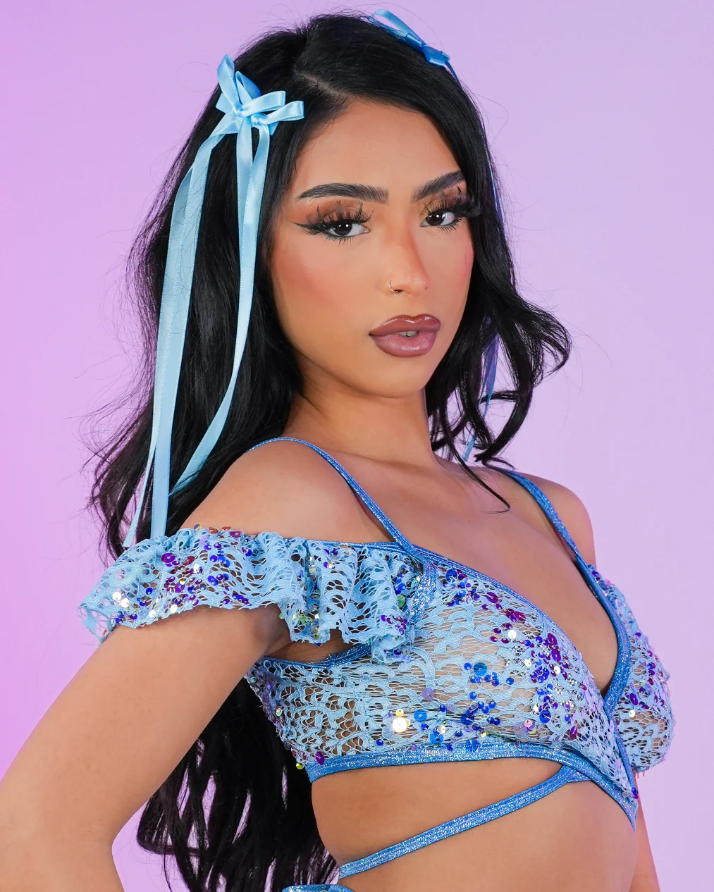Aqua Sequin Net Ruffle Top - Image 4
