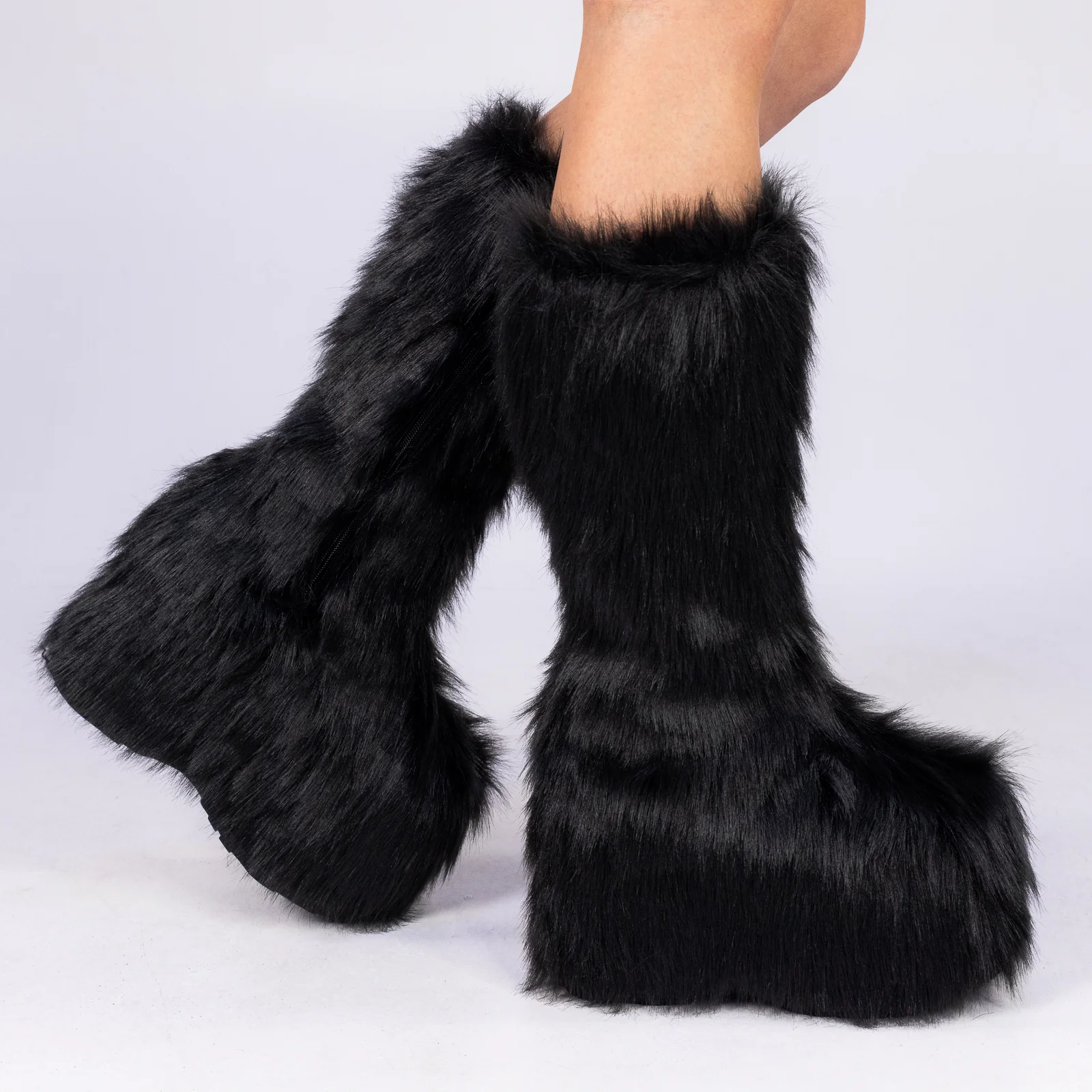 Black Electric Fuzz Women's Faux Fur Platform Boots - Image 3