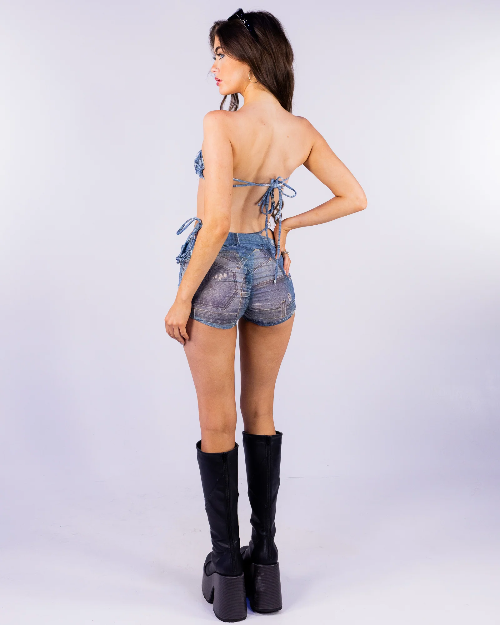 Blue Denim Patchwork Women's Mesh Shorts - Image 8