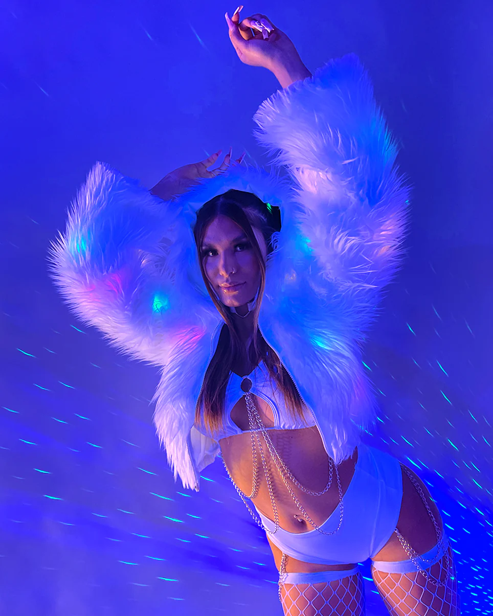 Multi-Color LED White Furry Cropped Hooded Jacket - Image 9