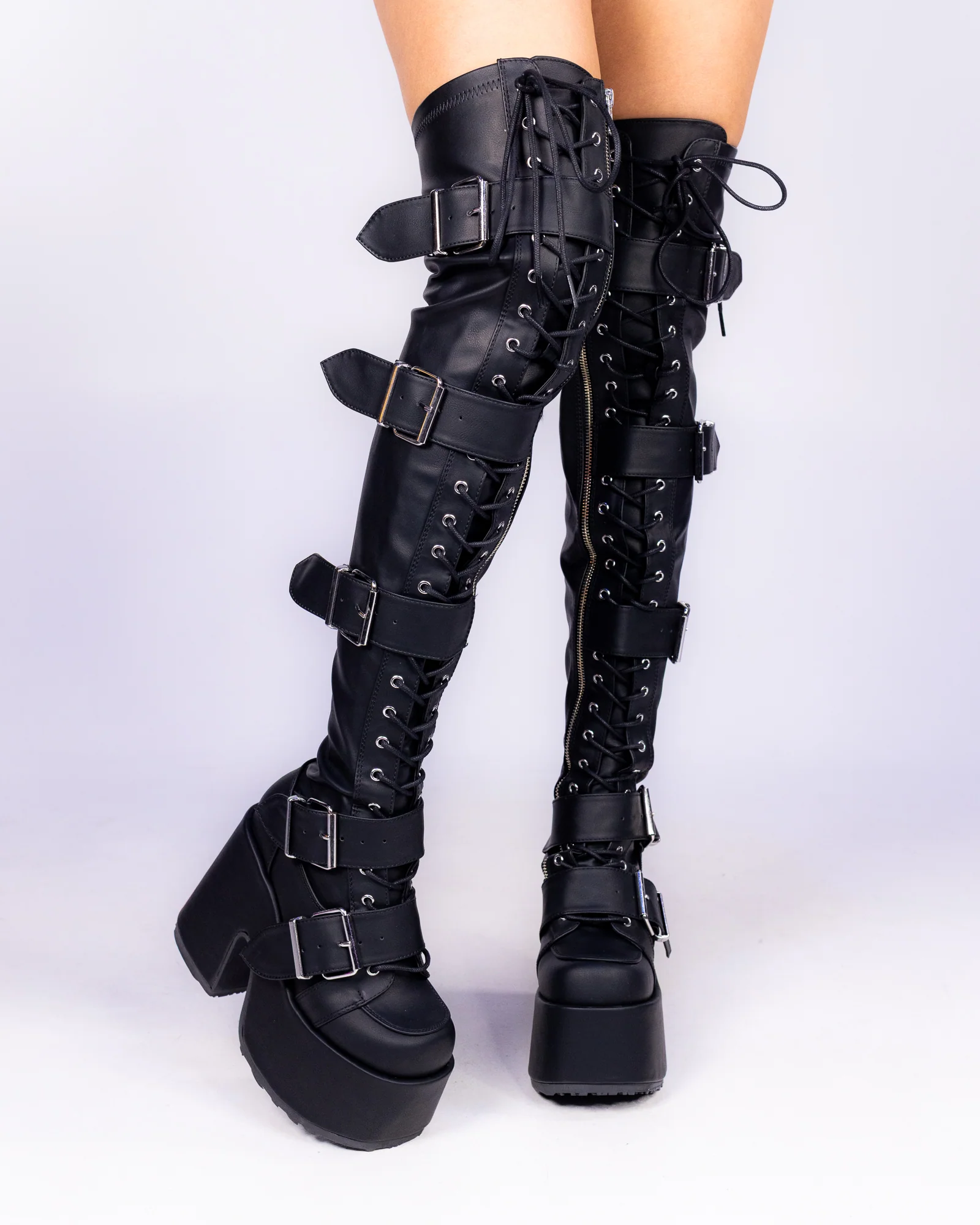Demonia Camel Matte Black Women's Buckle Thigh High Platform Boots