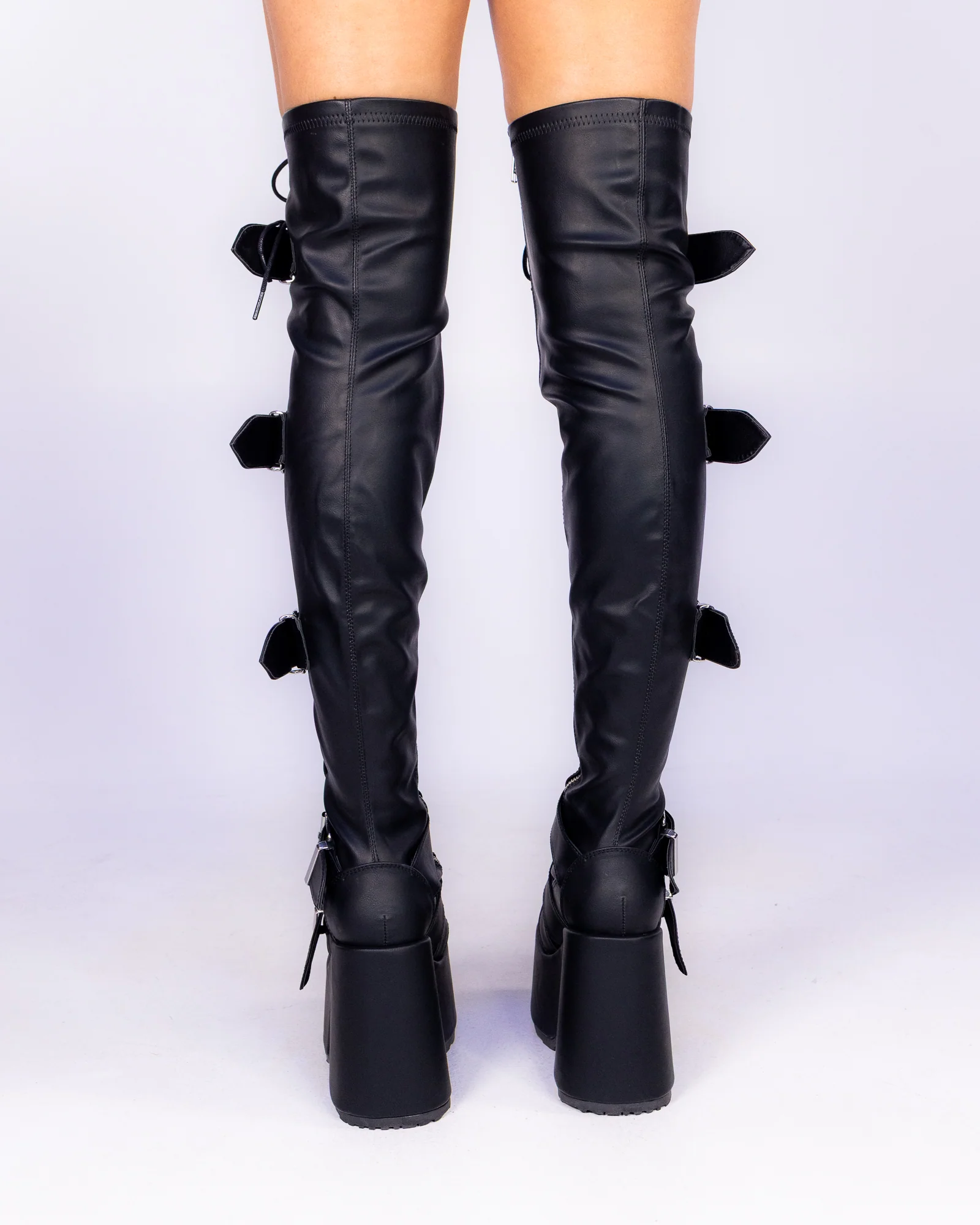 Demonia Camel Matte Black Women's Buckle Thigh High Platform Boots - Image 4
