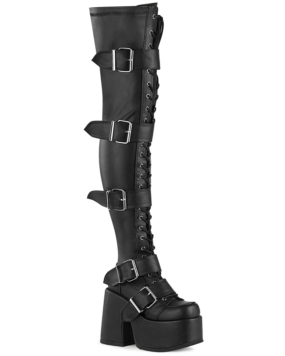 Demonia Camel Matte Black Women's Buckle Thigh High Platform Boots - Image 5