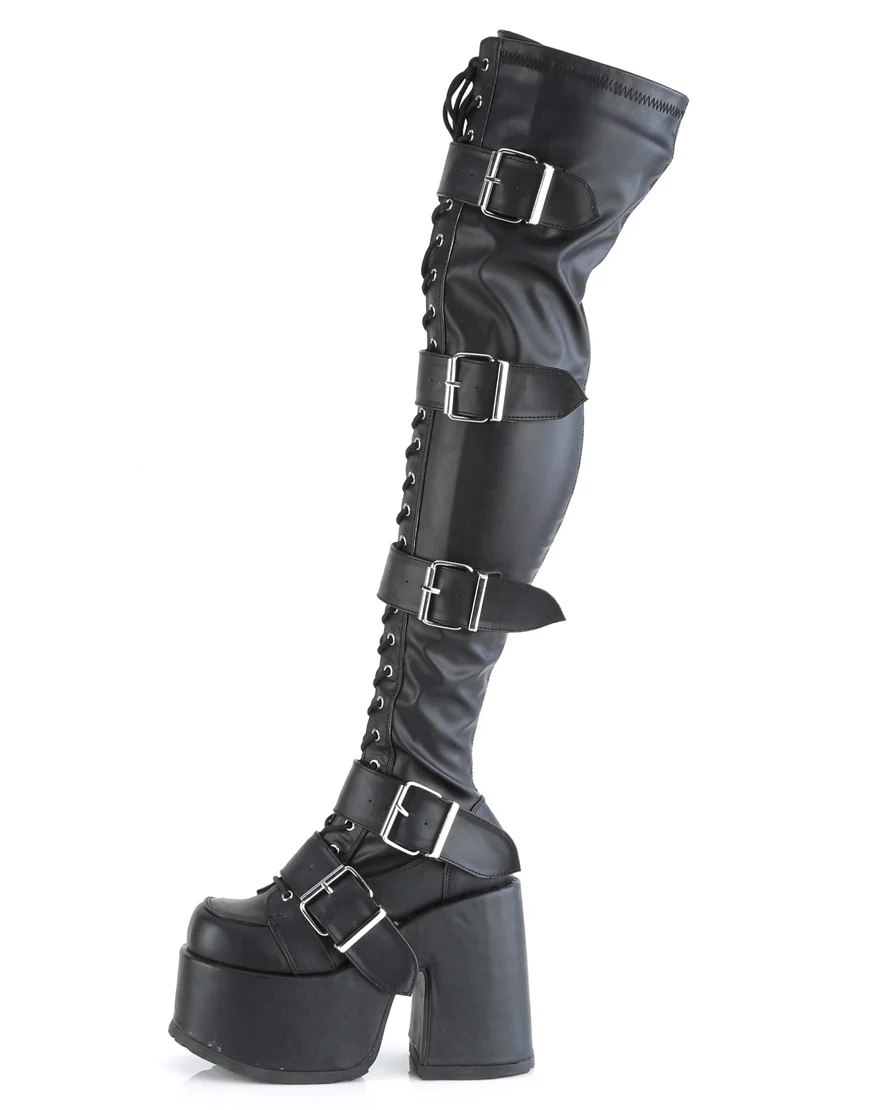 Demonia Camel Matte Black Women's Buckle Thigh High Platform Boots - Image 6