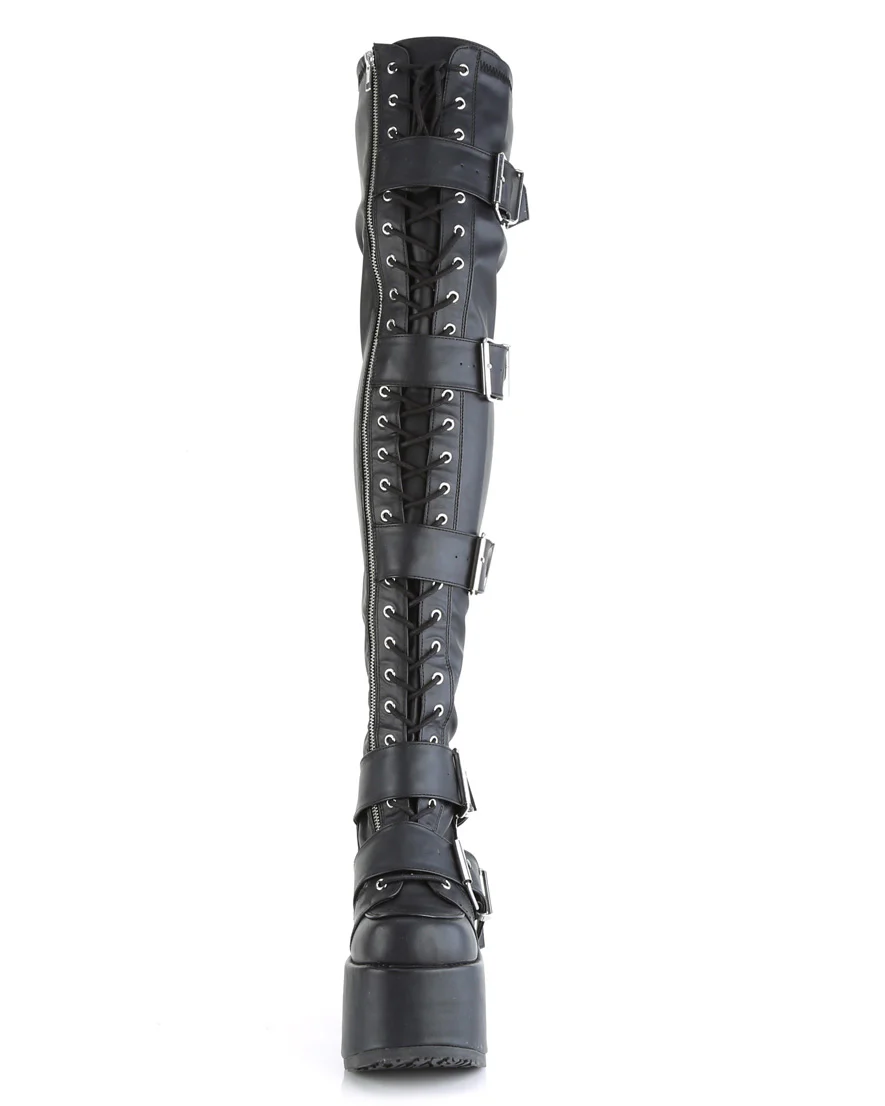 Demonia Camel Matte Black Women's Buckle Thigh High Platform Boots - Image 7