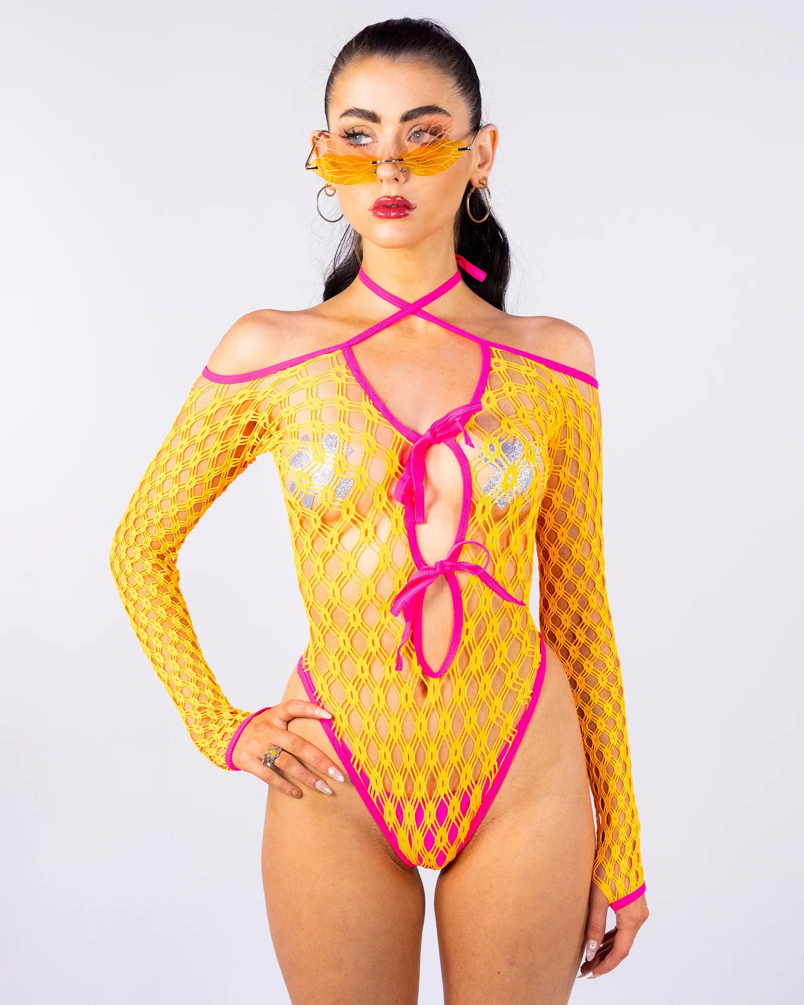Electric Love Women's Yellow/Pink Net Bodysuit