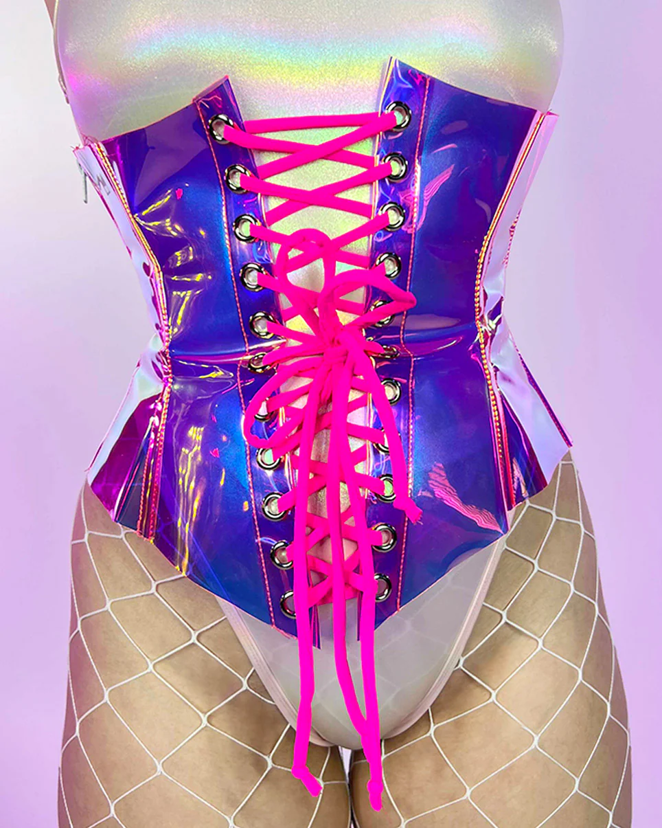 Hot Pink Vinyl Holographic Corset Waist Cincher - Image 5
