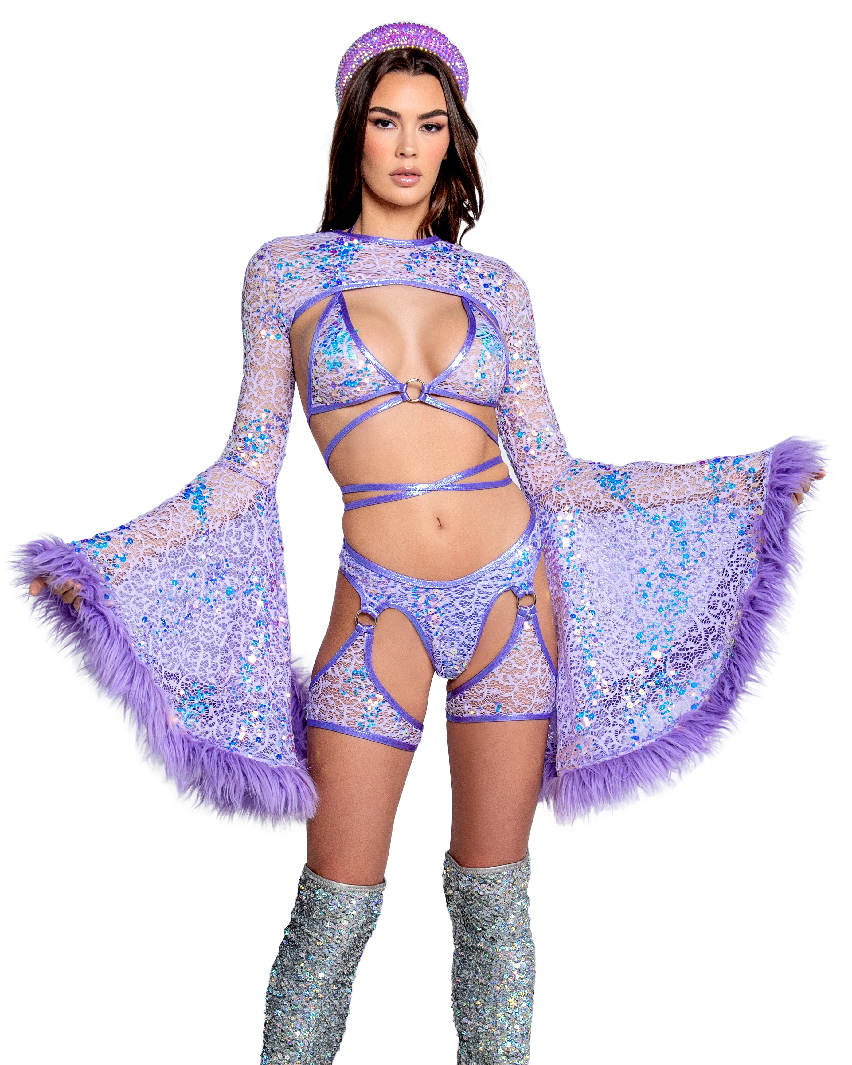 Lilac Sequin Fur-Trimmed Shrug - Image 8
