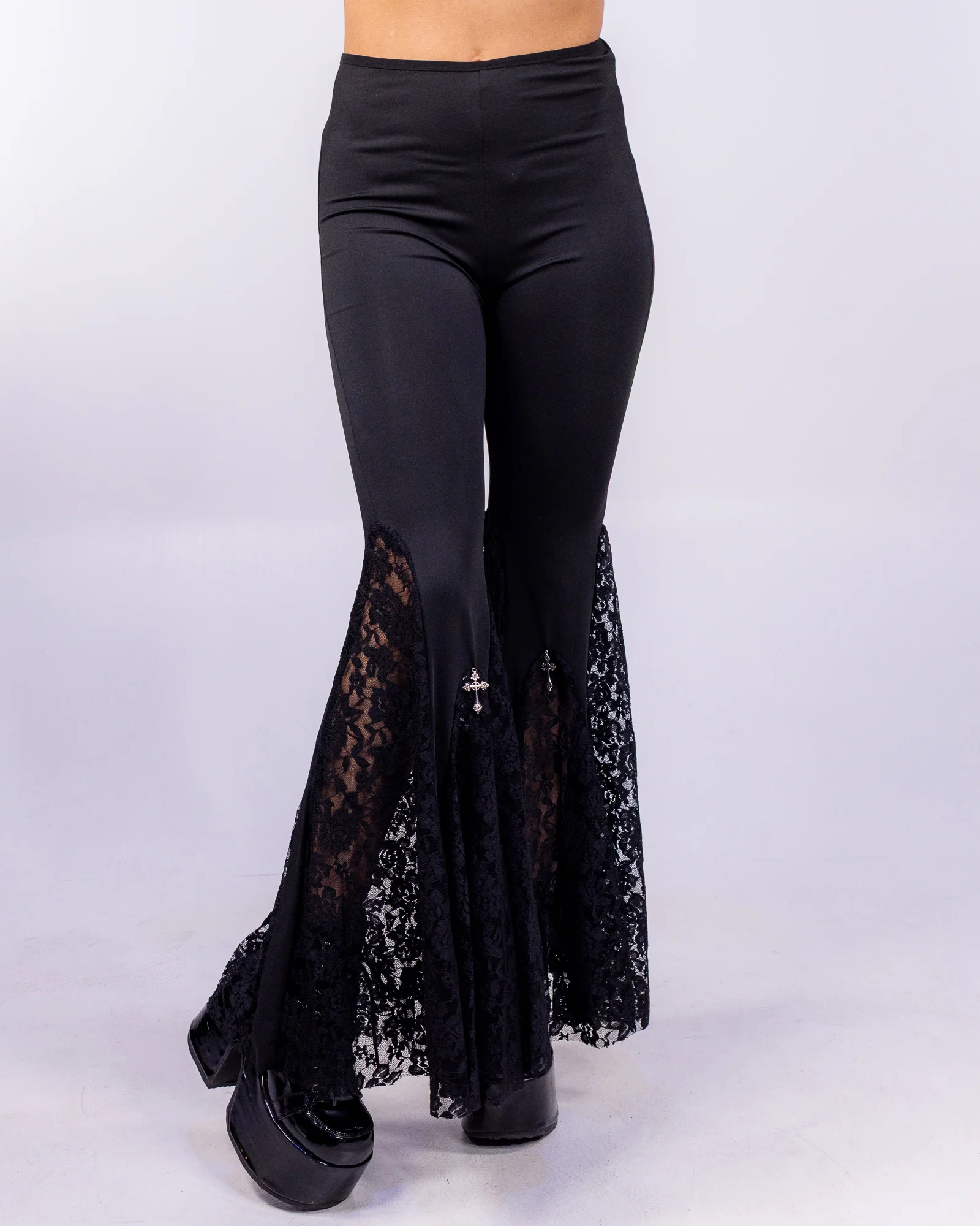 Omen Women's Black Lace Panel Bell Bottom Pants - Image 3