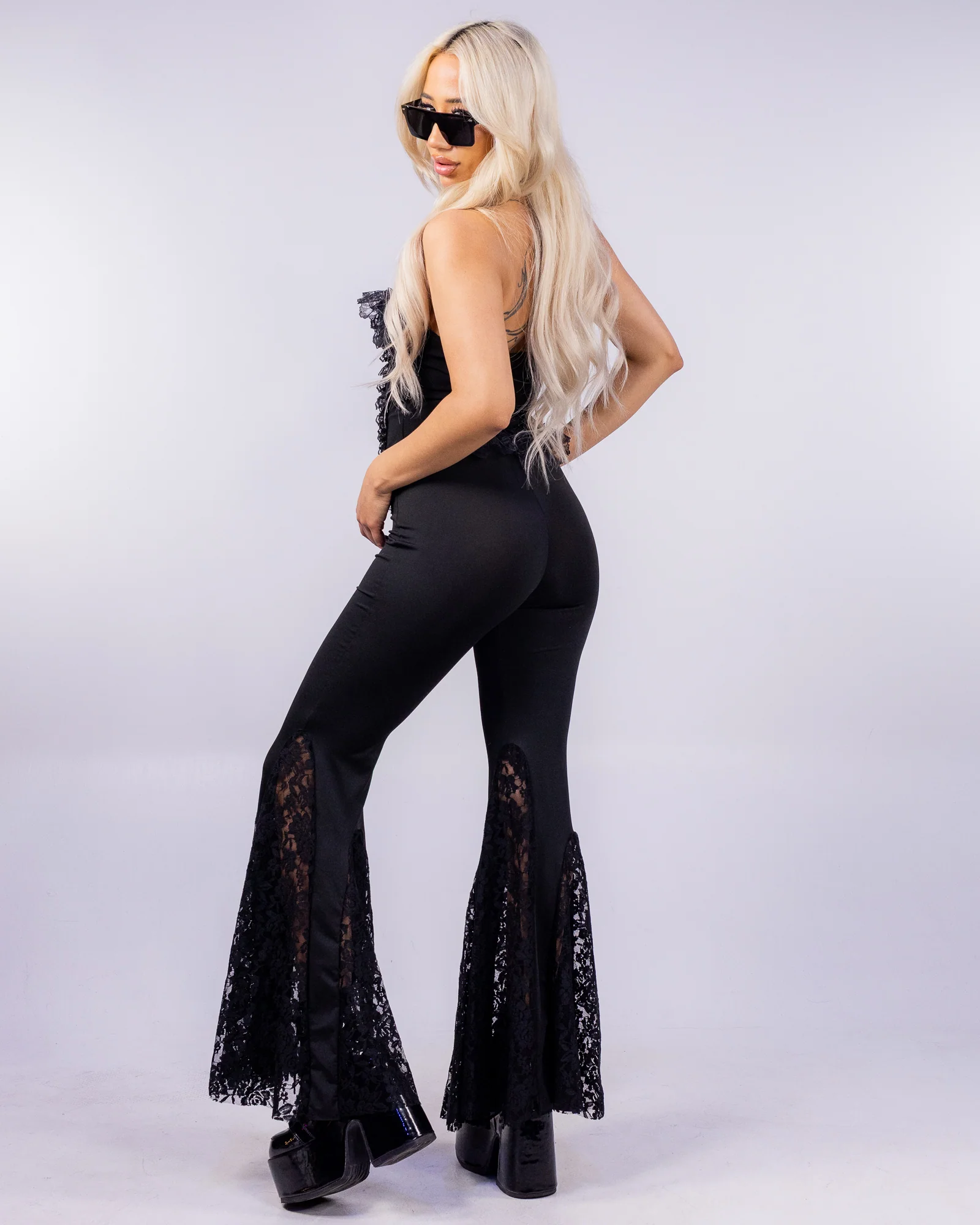 Omen Women's Black Lace Panel Bell Bottom Pants - Image 7