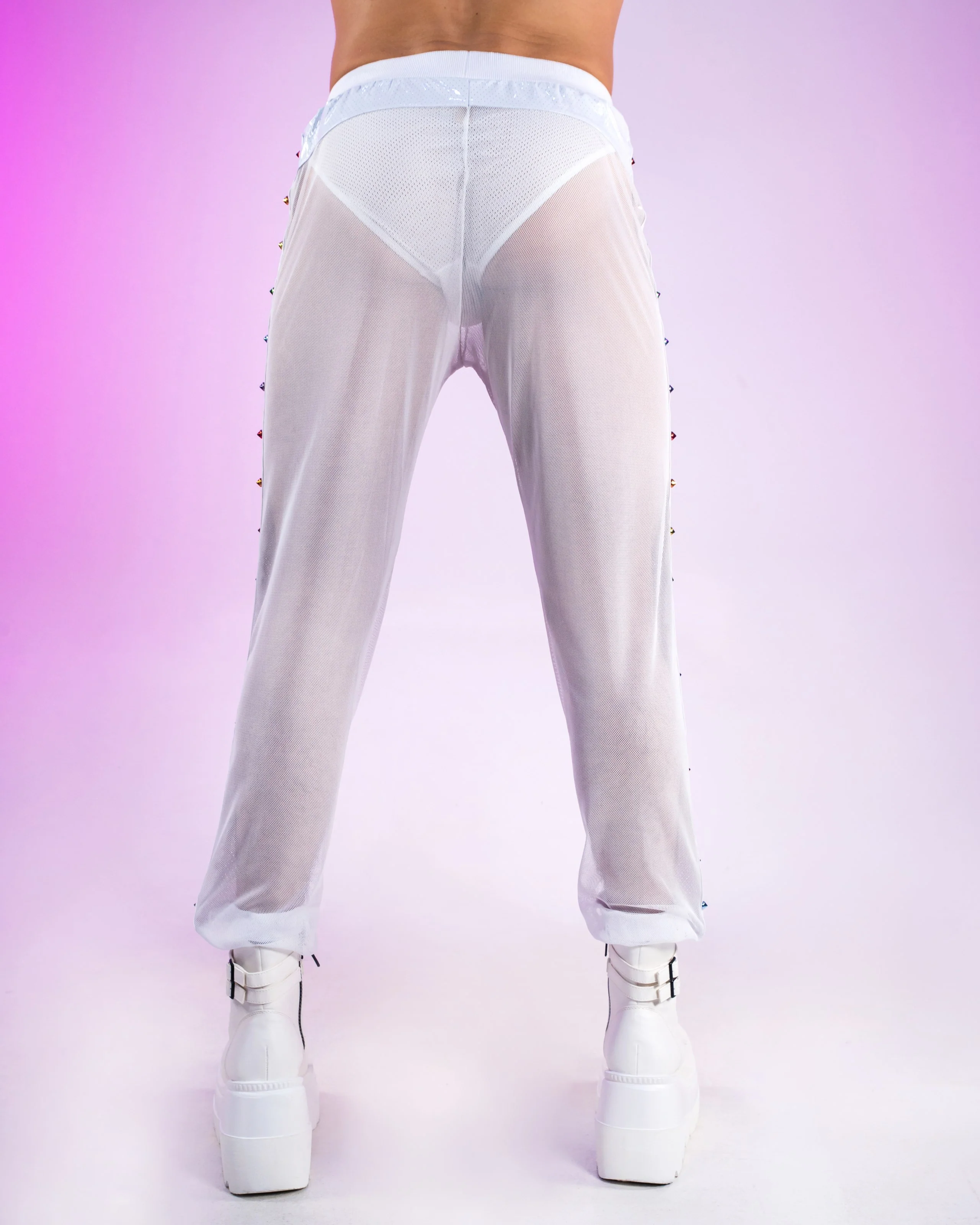 Rainbow Love Pride Vinyl Mesh Joggers w/ Stud Details - Image 9