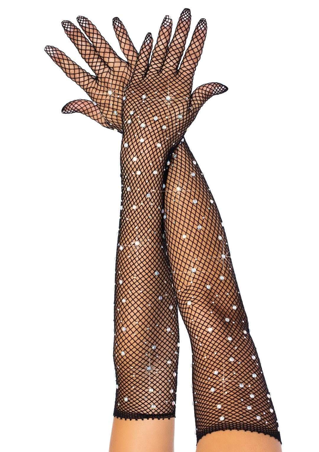 Black Rhinestone Fishnet Long Gloves - Image 2
