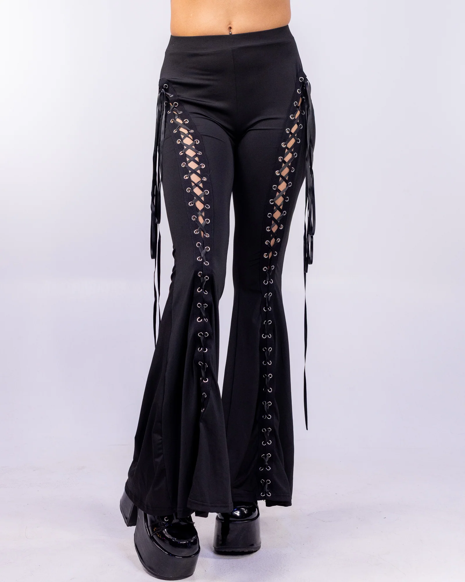 Sacred Women's Black Lace-Up Bell Bottom Pants - Image 3