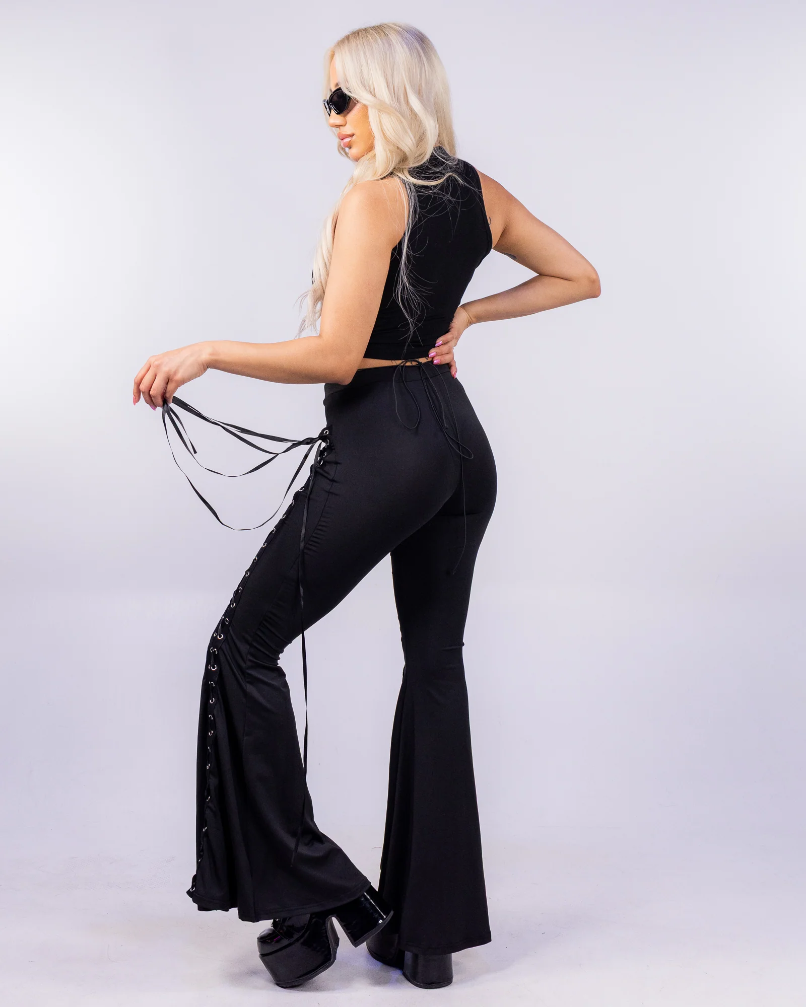 Sacred Women's Black Lace-Up Bell Bottom Pants - Image 7