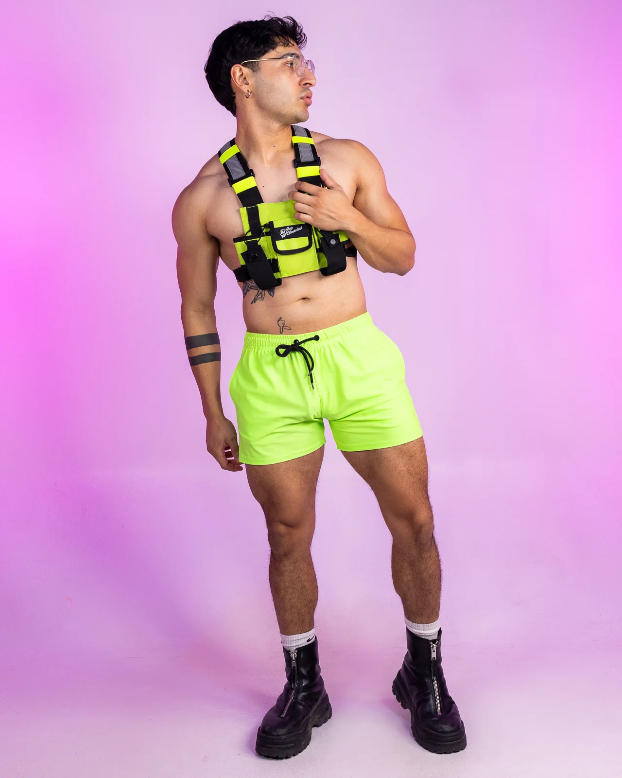 Solid Neon Green Drawstring Shorts - Image 3