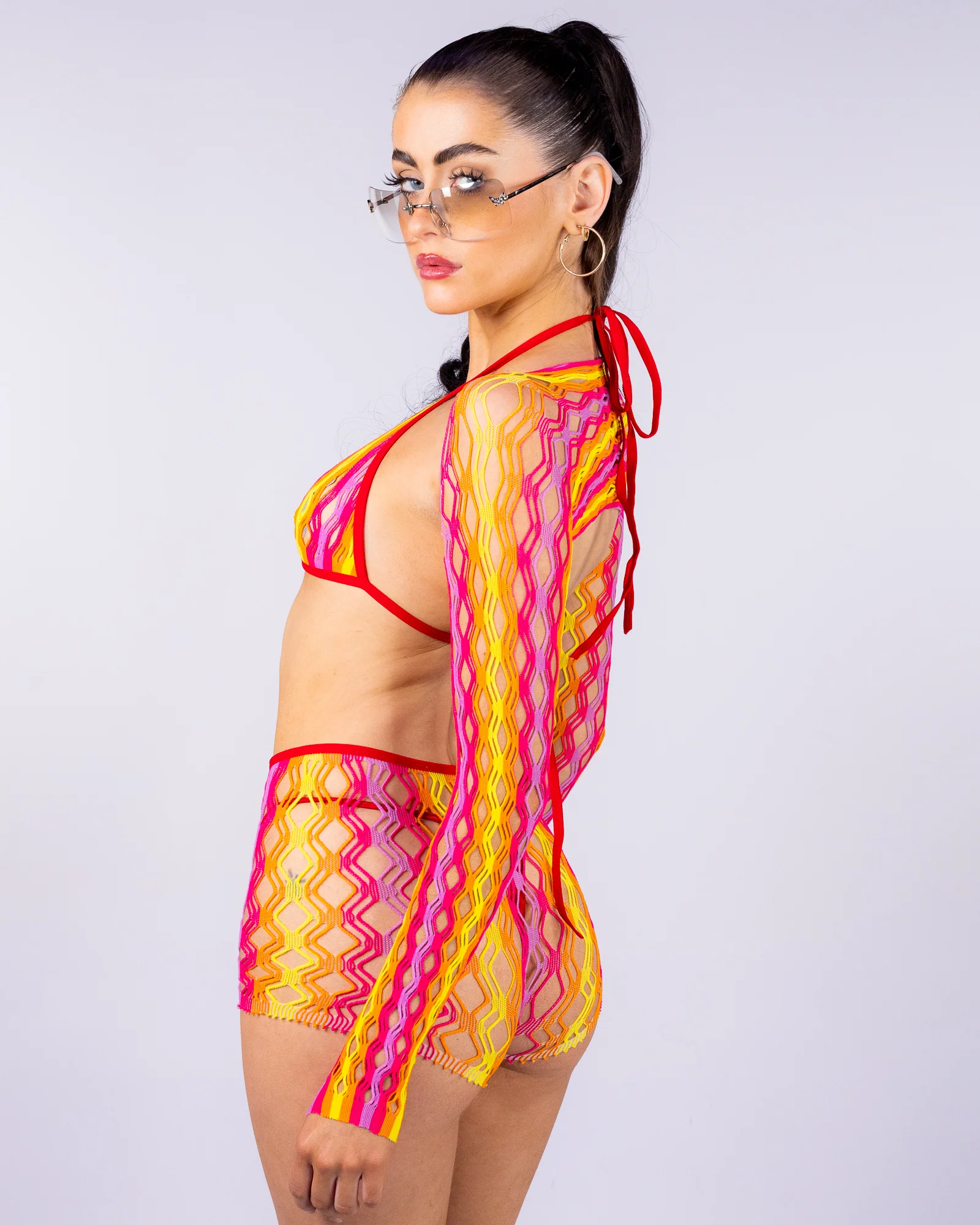 Sunset Vibes Women's Pink/Yellow 3pc Fishnet Set - Image 3