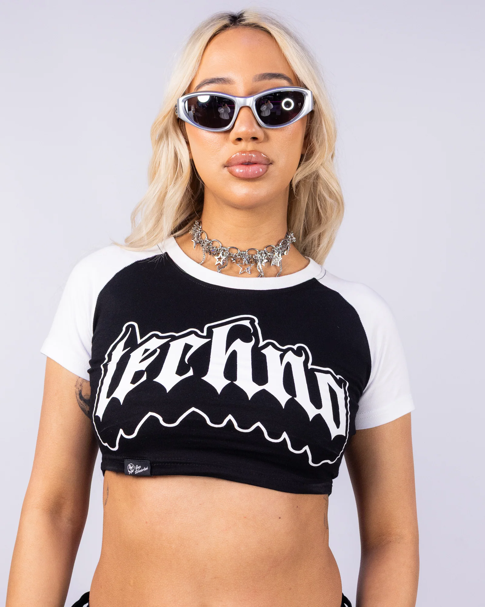 Techno Women's Black & White Baby Tee - Image 3
