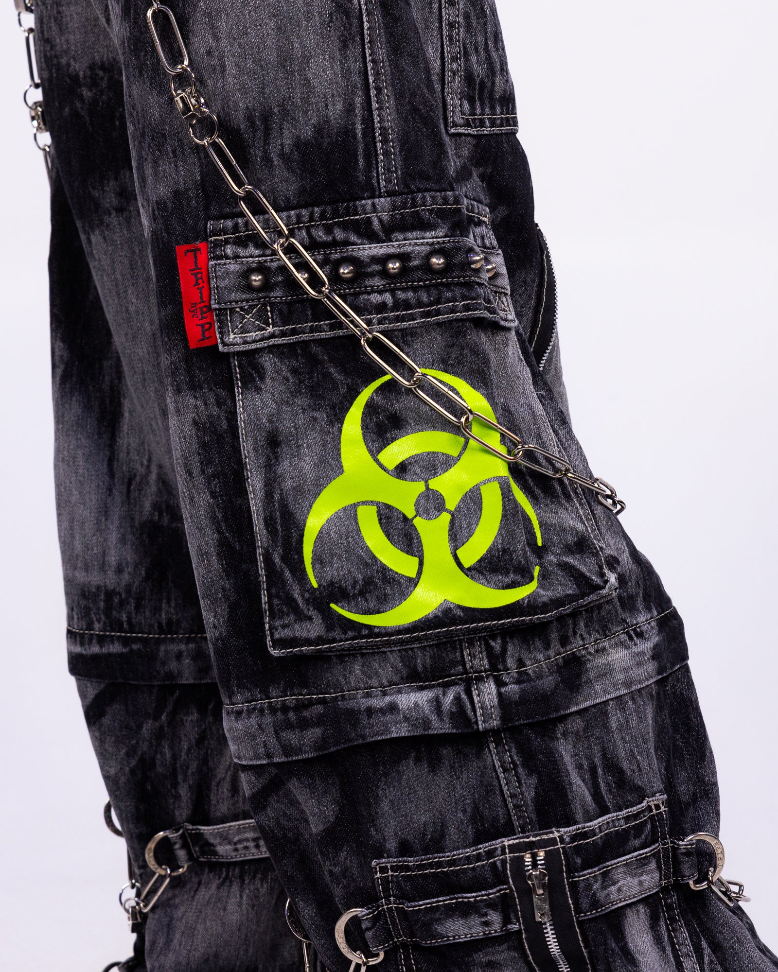Tripp NYC Zip-Off Biohazard Black Denim Storm Wash Unisex Pant - Image 13