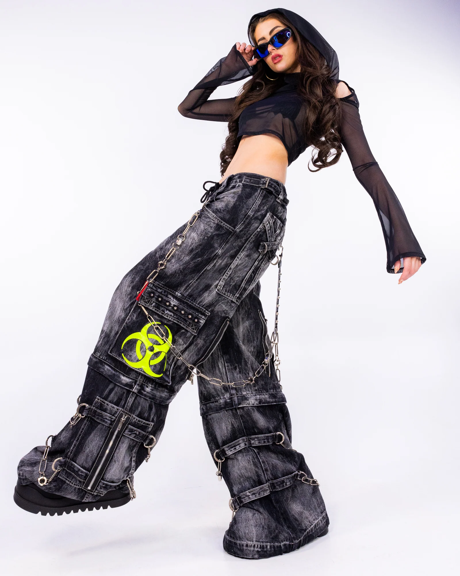 Tripp NYC Zip-Off Biohazard Black Denim Storm Wash Unisex Pant - Image 3